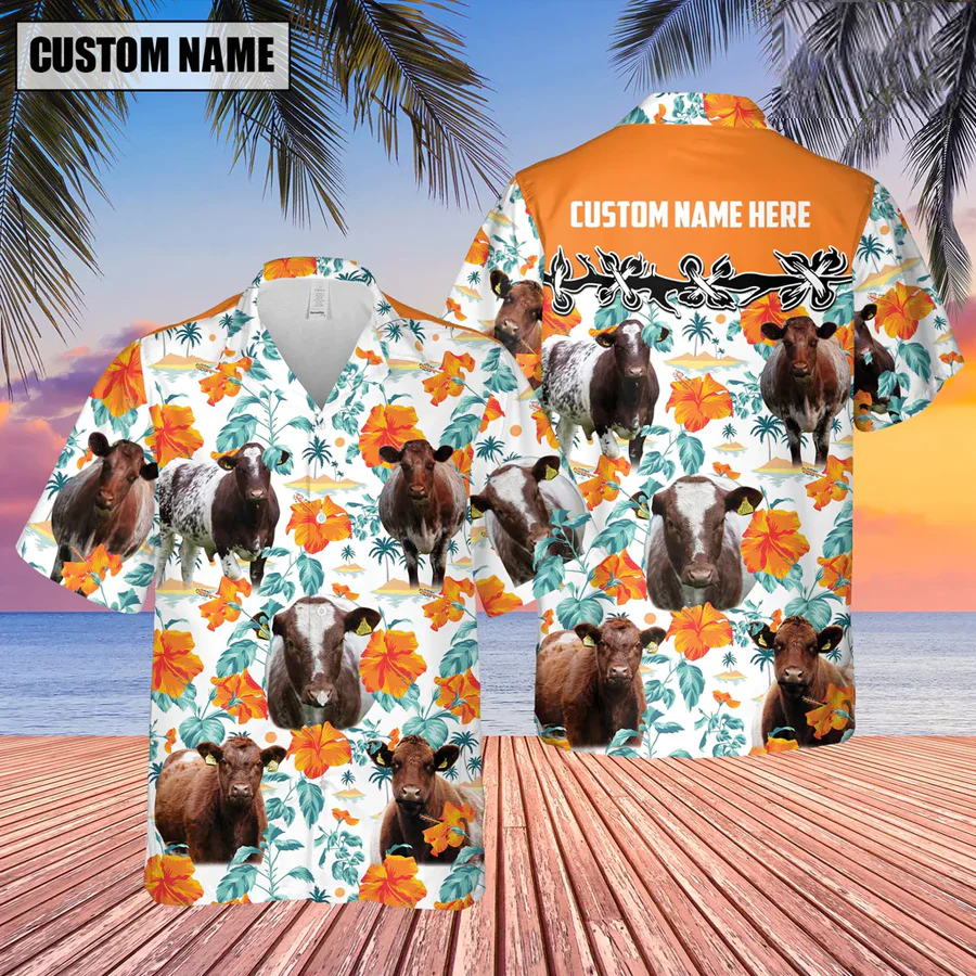 Shorthorn Hibiscus Floral Custom Name 3D Trendy Hawaiian Shirt, Summer Gifts For Men And Women