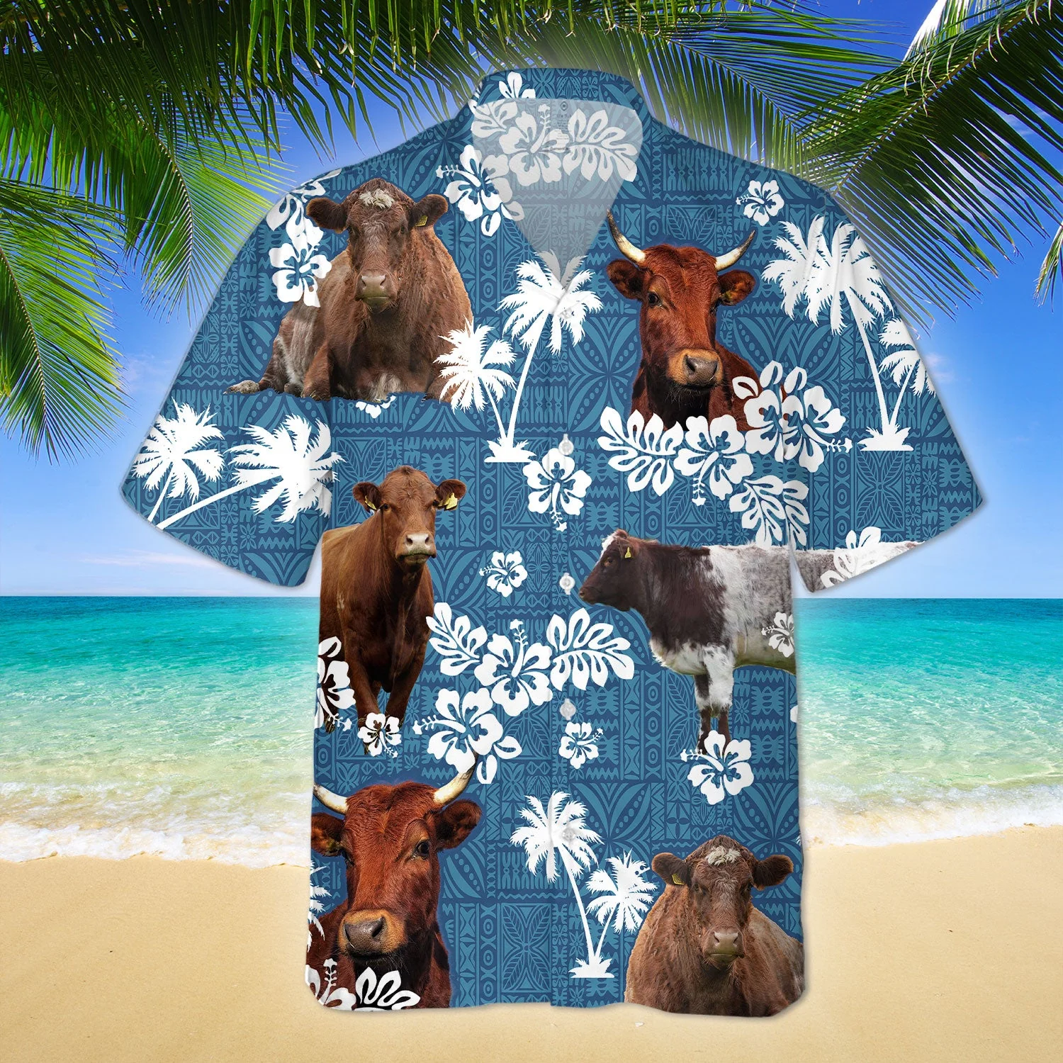 Shorthorn In Blue Tribal 3D Hawaiian Shirt Printed Everywhere