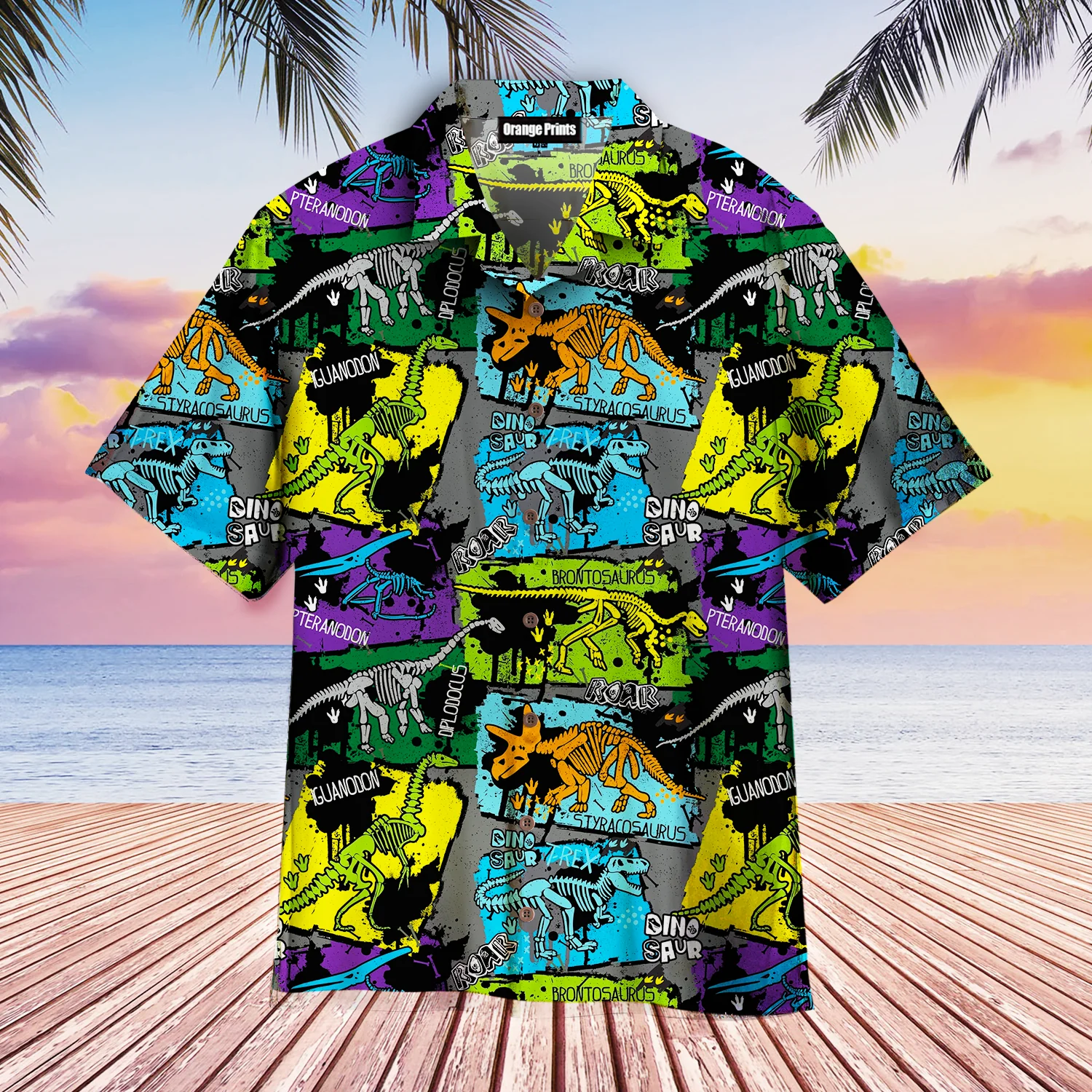 Showcasing Dinosaur Skeleton on Classic Hawaiian Attire