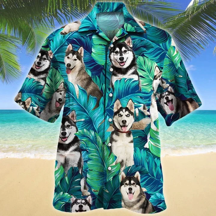 Siberian Husky Dog Lovers Gift Summer Beach Palm Tree Pattern Trendy Hawaiian Shirt Siberian Husky Dog Lovers Gift Summer Beach Palm Tree Pattern Trendy Hawaiian Shirt