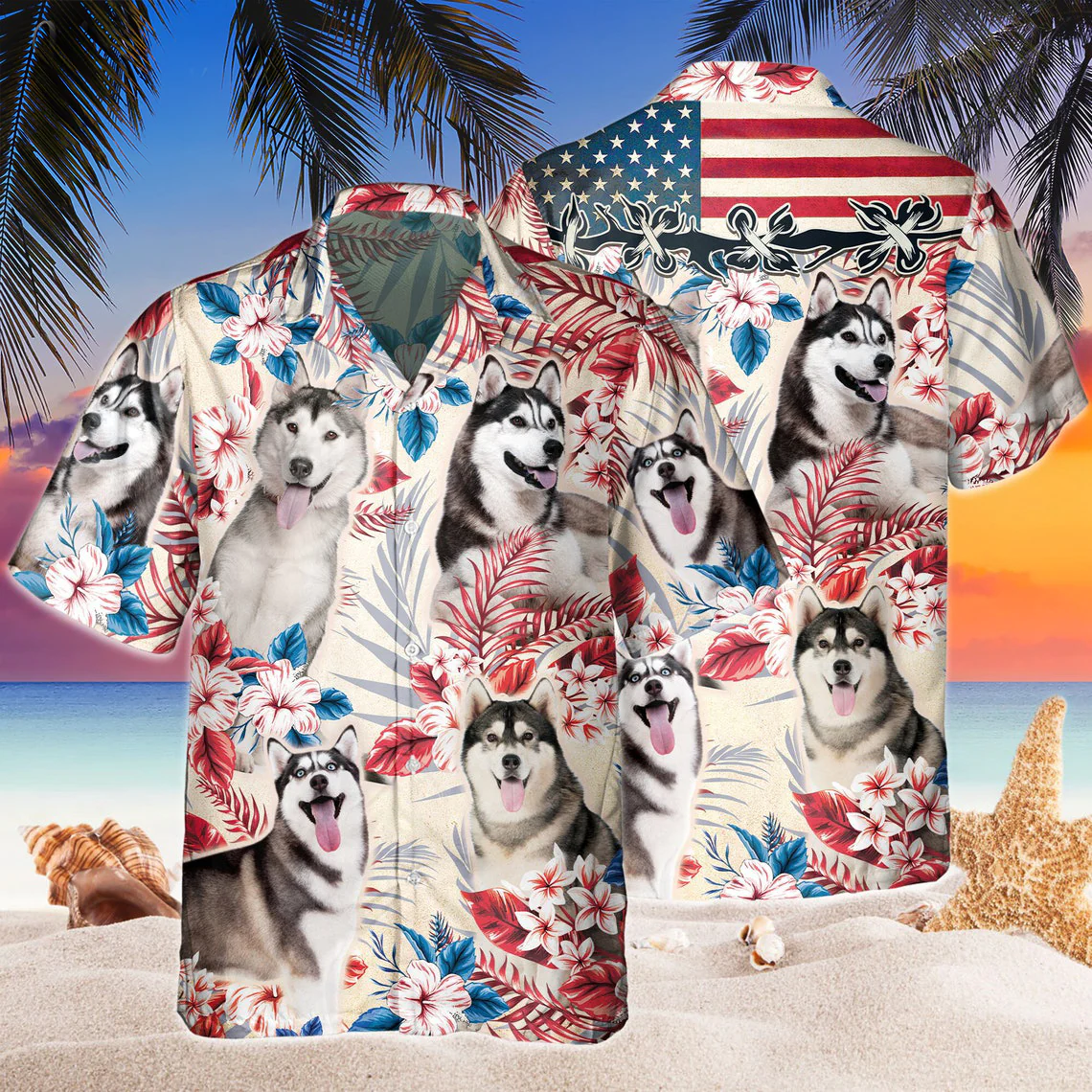 Siberian Husky Dog United States Flag Hawaiian Flowers All Over Printed 3D Hawaiian Shirt Siberian Husky Dog United States Flag Hawaiian Flowers All Over Printed 3D Hawaiian Shirt