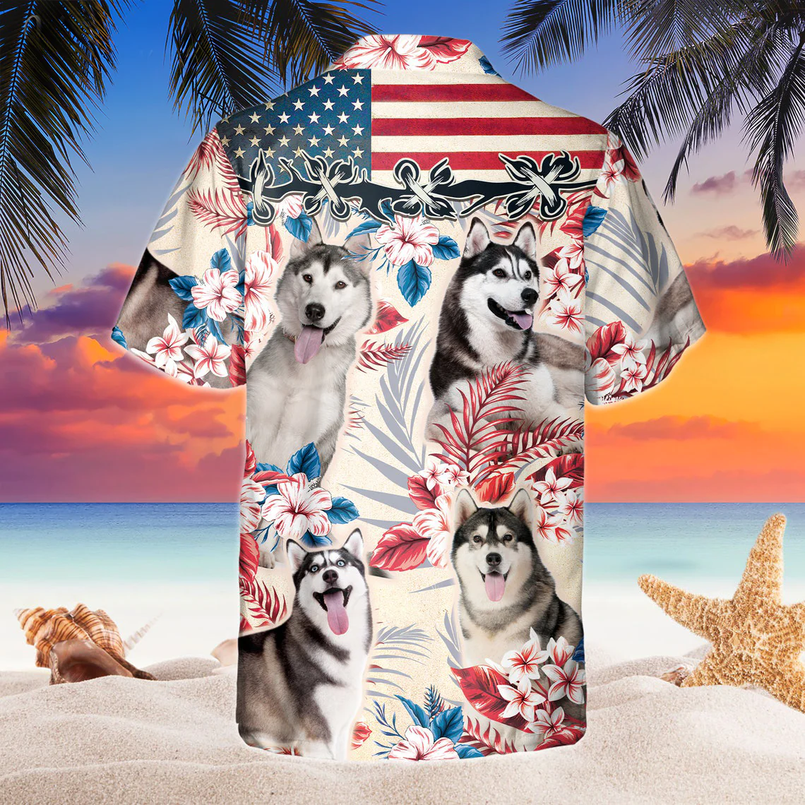 Siberian Husky Dog United States Flag Hawaiian Flowers All Over Printed 3D Hawaiian Shirt