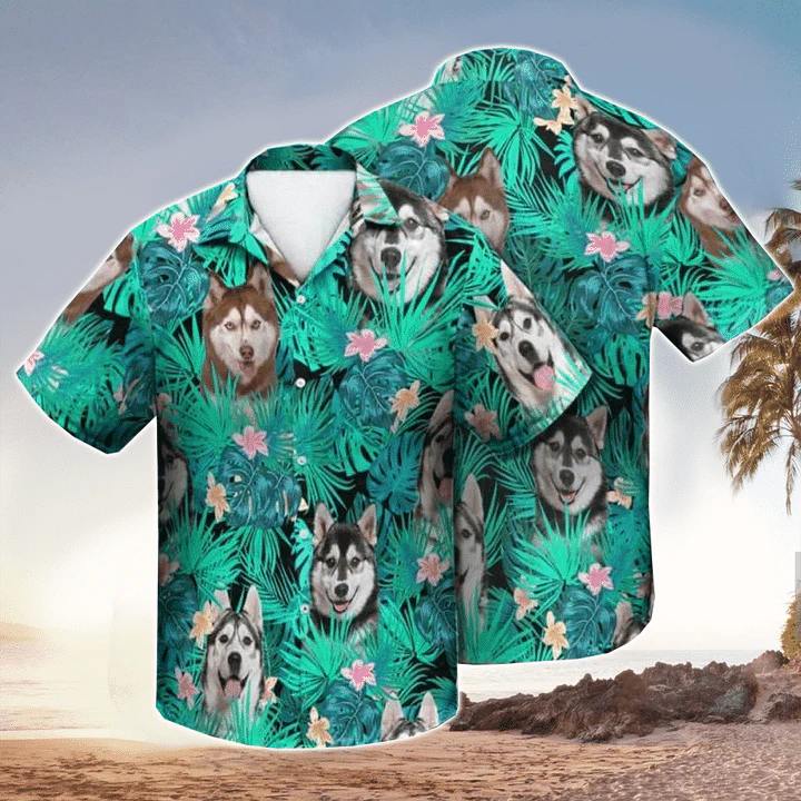Siberian Husky Tropical 3D All Over Printed Trendy Hawaiian Shirt, Men’s Trendy Hawaiian Shirt
