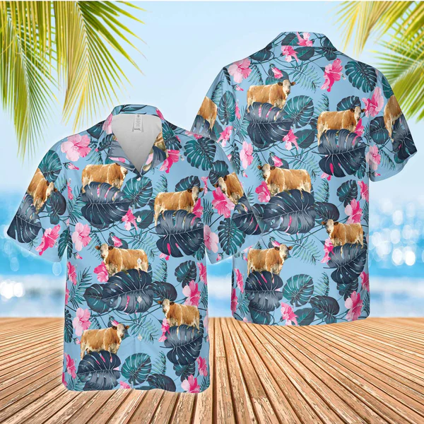 Simmental Blue Hibiscus Trendy Hawaiian Shirt, Farm Cow Trendy Hawaiian Shirt For Men And Women
