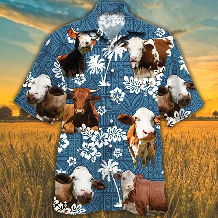 Simmental Cattle in Blue Tribal Hawaiian Shirt for Men and Women