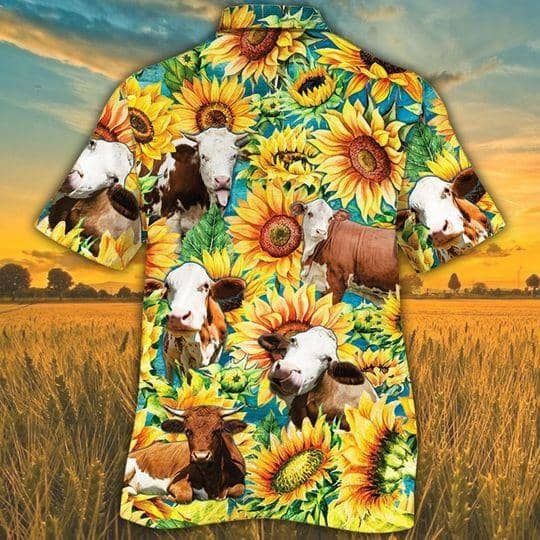 Simmental Cattle Lovers Sunflower Watercolor Trendy Hawaiian Shirt