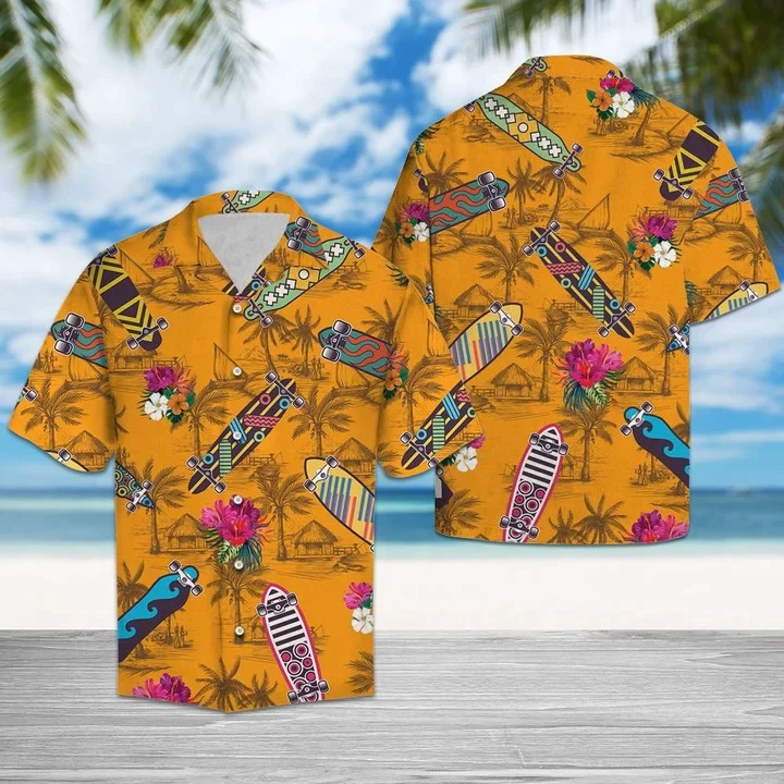 Skateboard Yellow Trendy Hawaiian Shirt, Cool Skateboard Tropical Flowers Burned Yellow Background Pattern Trendy Hawaiian Shirt