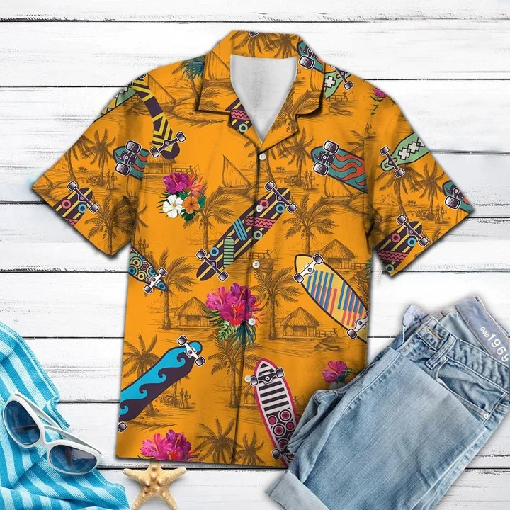 Skateboard Yellow Trendy Hawaiian Shirt, Cool Skateboard Tropical Flowers Burned Yellow Background Pattern Trendy Hawaiian Shirt Skateboard Yellow Trendy Hawaiian Shirt, Cool Skateboard Tropical Flowers Burned Yellow Background Pattern Trendy Hawaiian Shirt