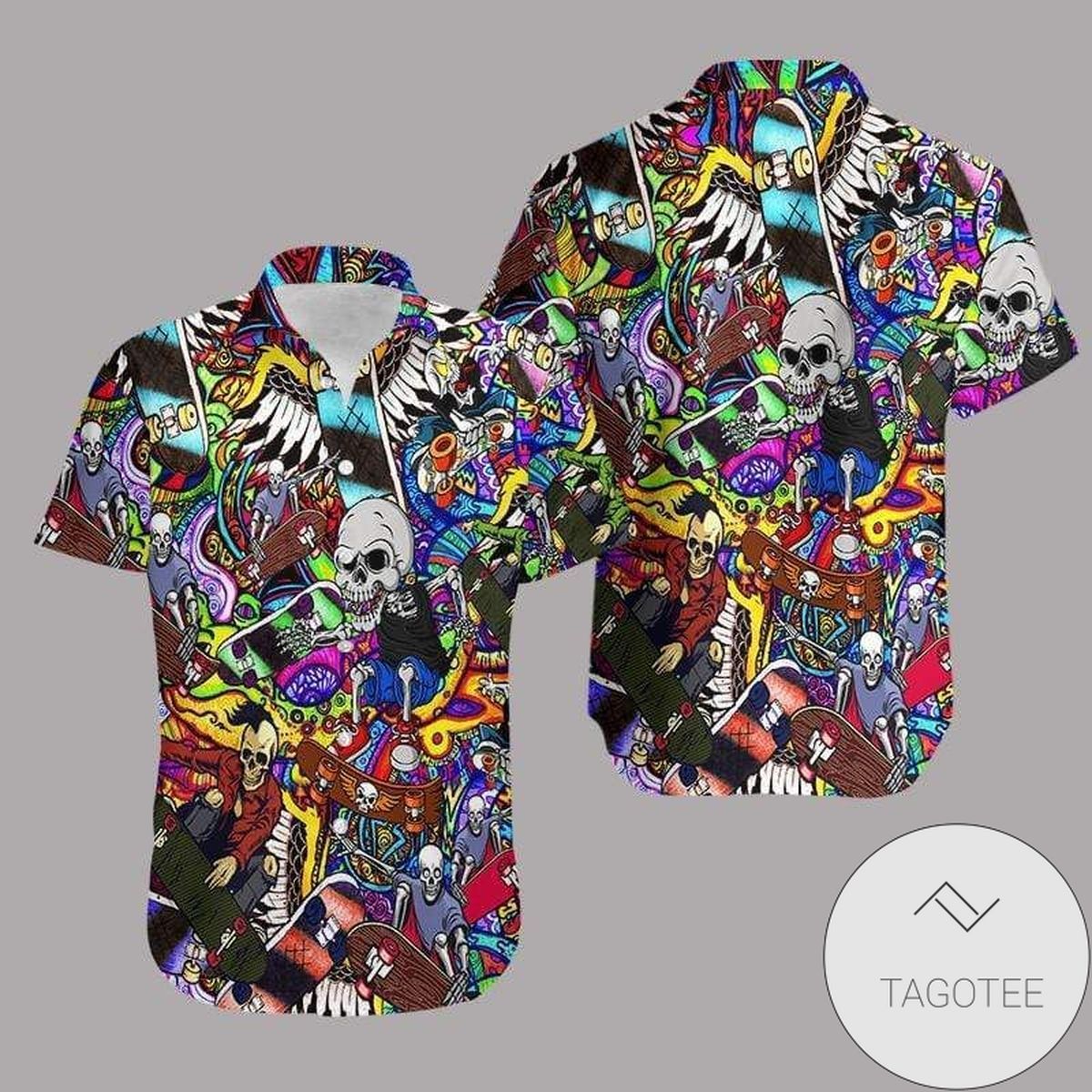 Skating Hippie Skull Design Adds Flair To This Hawaiian Shirt
