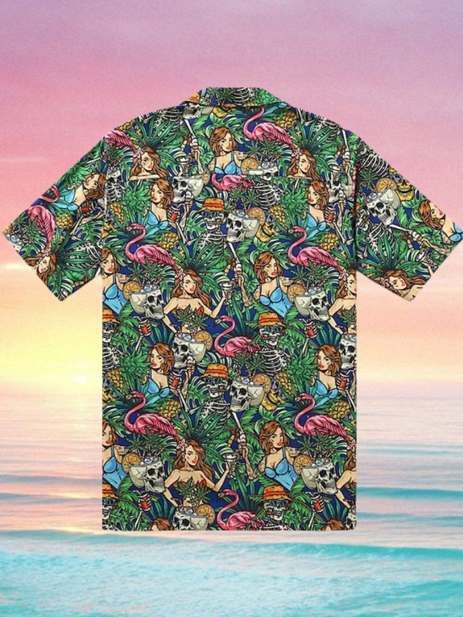 Skeleton Flamingo Print Pocket Short Sleeve Hawaiian Shirt