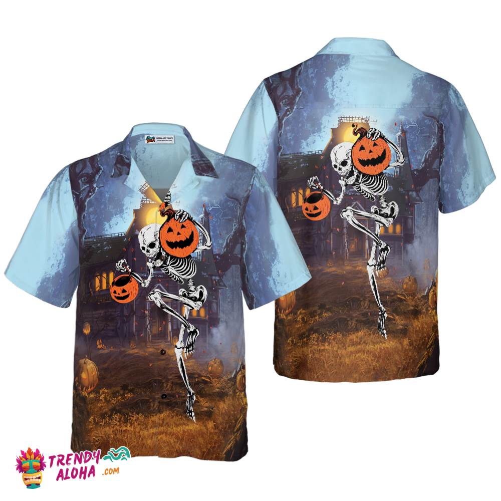 Skeleton Knows How To Dance Halloween Hawaiian Shirt, Spooky Pumpkin Shirt