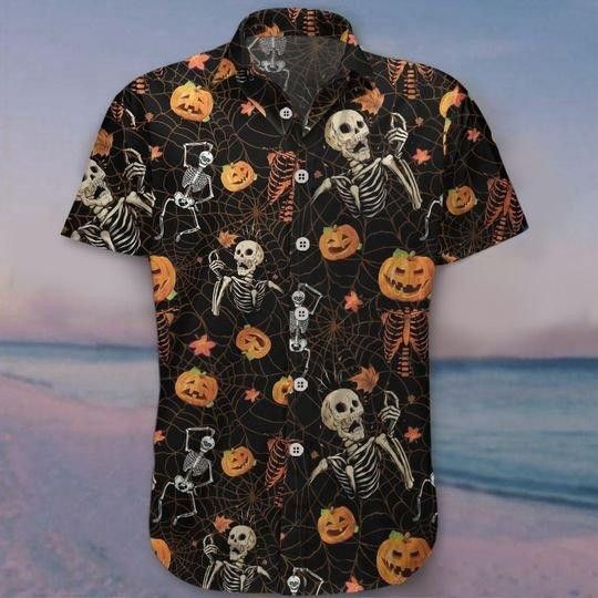 Skeleton Pumpkin Halloween Trendy Hawaiian Shirt, Unisex Print Aloha Short Sleeve Casual Shirt