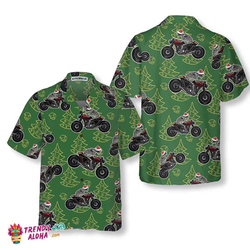 Skeleton Riding Motorcycle Christmas Hawaiian Shirt, Funny Christmas Gift For Bikers