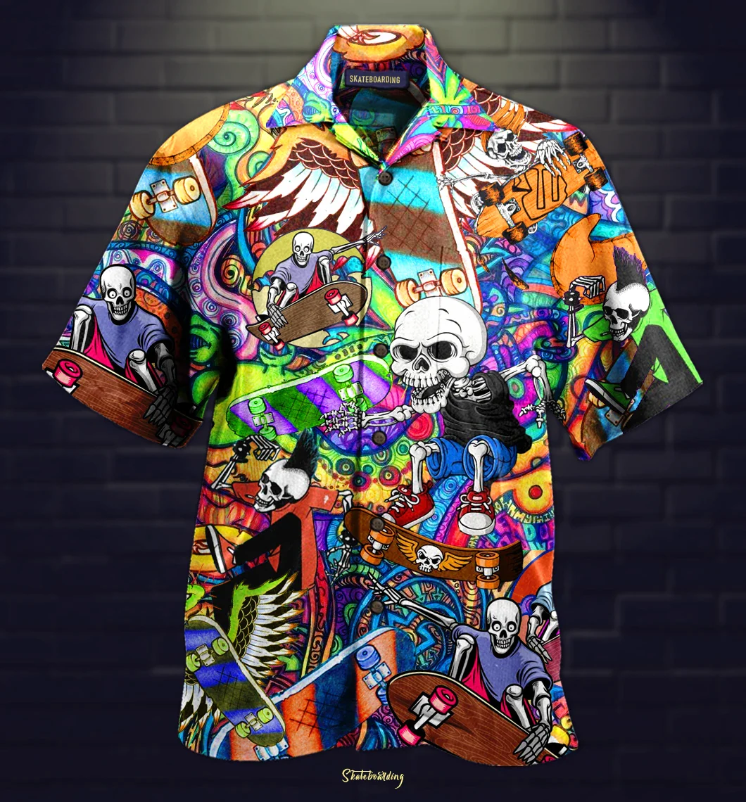 Skeleton Skating Theme on Halloween Hawaiian Shirt