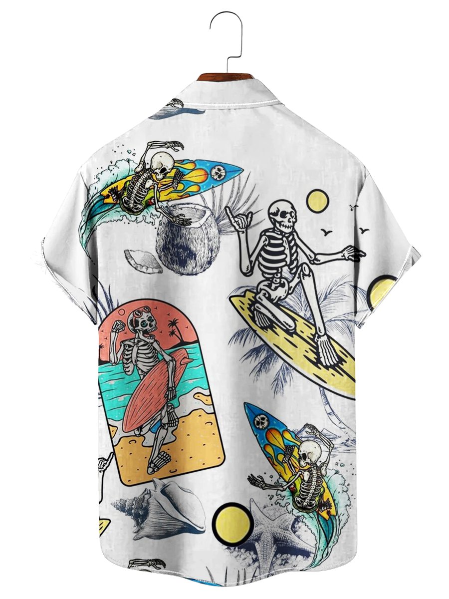 Skeleton Surfing Print Short Sleeve Button Down Shirt