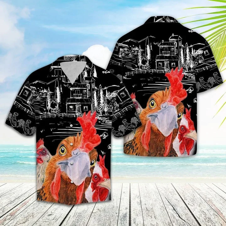 Sketch Countryside With Rooster Trendy Hawaiian Shirt