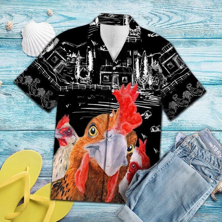 Sketch Countryside With Rooster Trendy Hawaiian Shirt