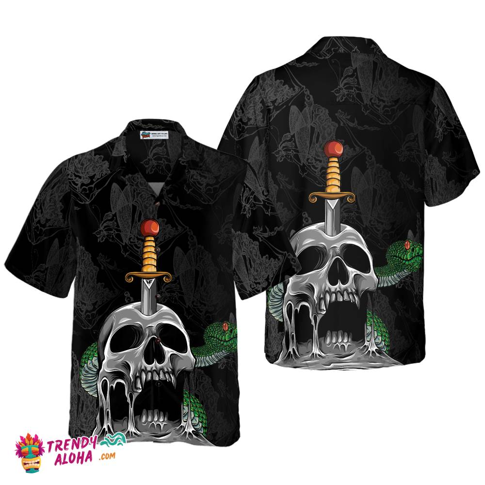 Skull & Snake Gothic Hawaiian Shirt, Dark Sword Melted Black Skull Hawaiian Shirt