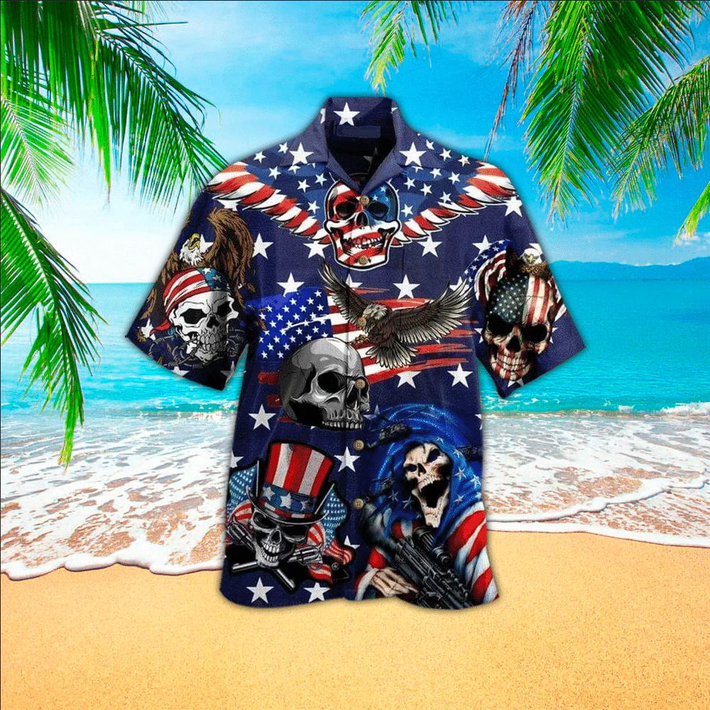 Skull American Flag Trendy Hawaiian Shirt, Gift For Skull Lovers, Trendy Hawaiian Shirt For Men, Women, Adult