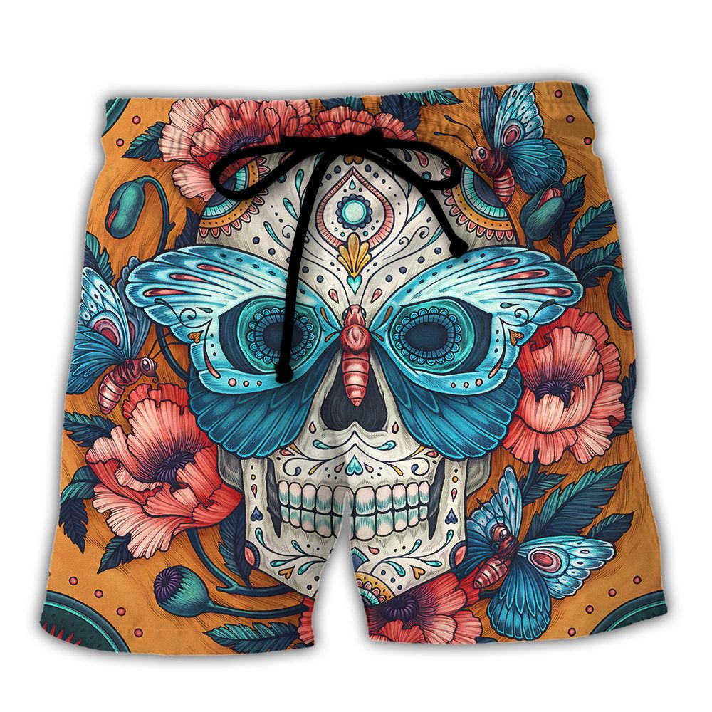 Skull And Butterfly Abstract Vintage Colorful Trendy Aloha Hawaiian Beach Shorts Skull And Butterfly Abstract Vintage Colorful Trendy Aloha Hawaiian Beach Shorts