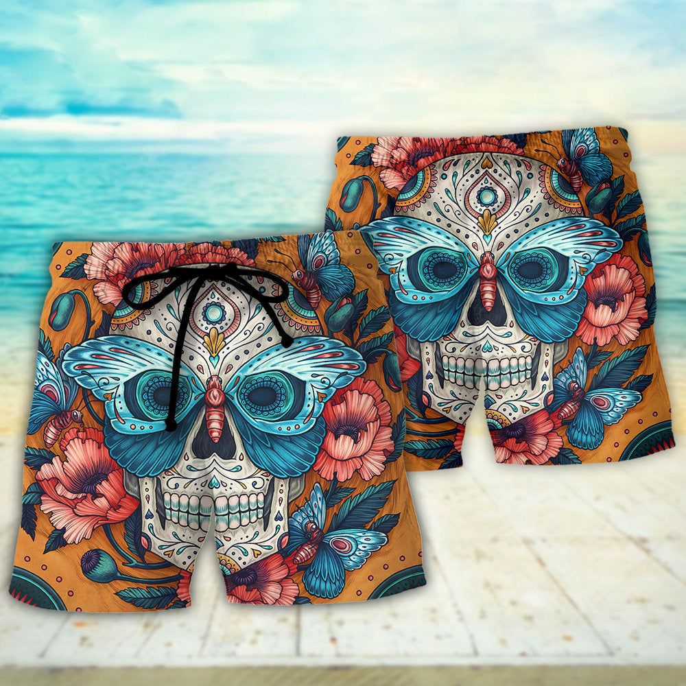 Skull And Butterfly Abstract Vintage Colorful Trendy Aloha Hawaiian Beach Shorts