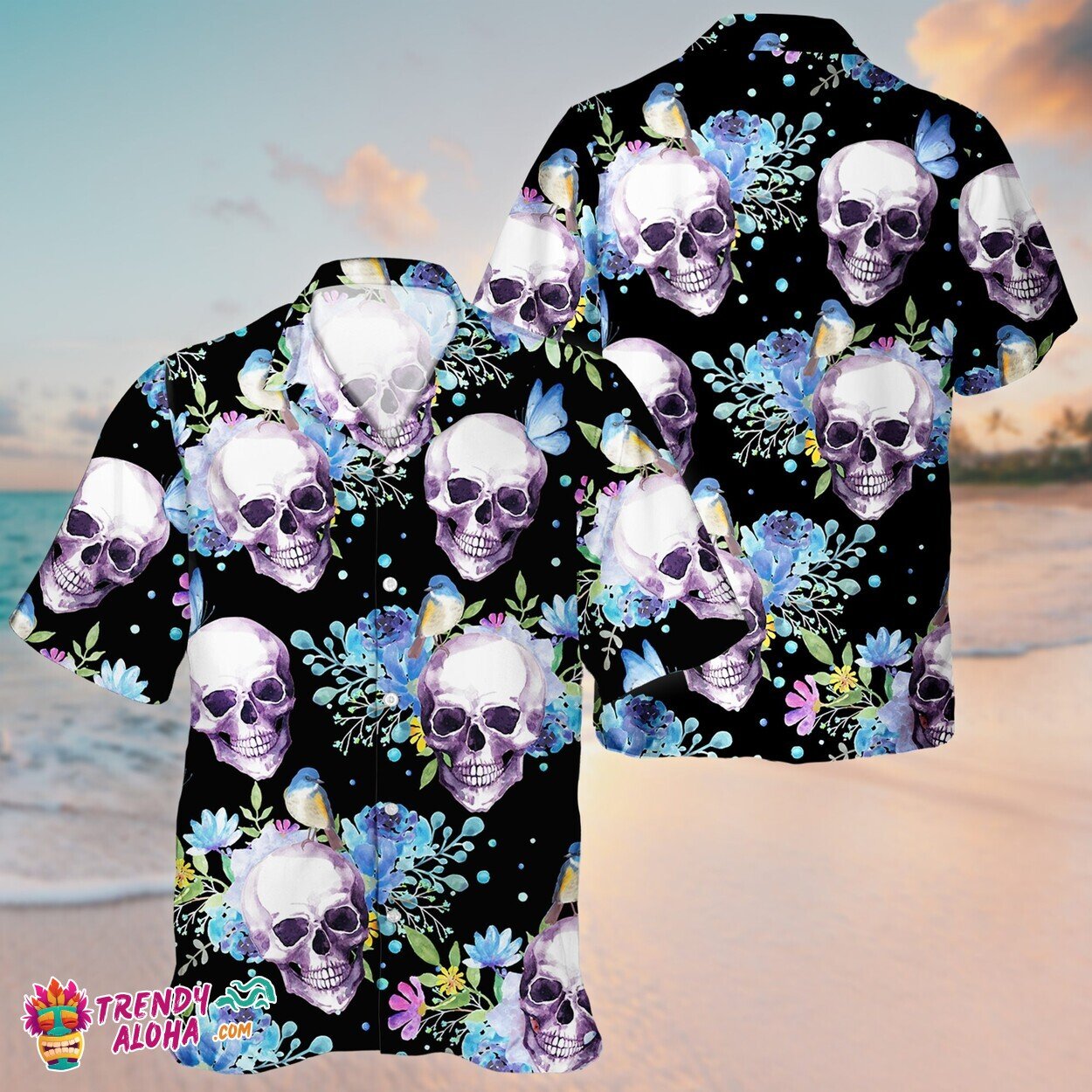 Skull and Palms Tropical Unisex Hawaiian Aloha Shirt Short Sleeve