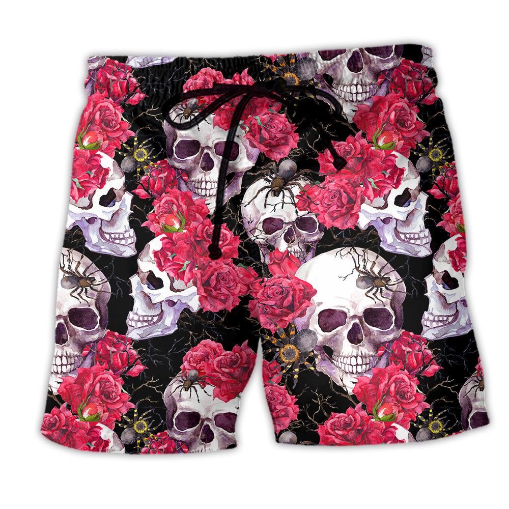 Skull And Roses Floral Trendy Aloha Hawaiian Beach Shorts