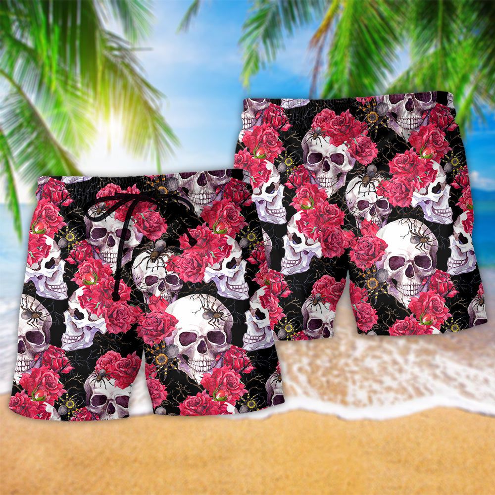 Skull And Roses Floral Trendy Aloha Hawaiian Beach Shorts