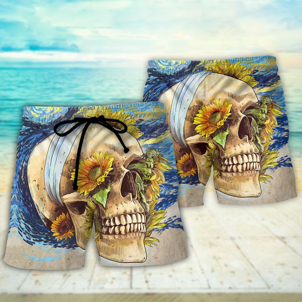 Skull And Sunflower Vintage Amazing Starry Night Trendy Aloha Hawaiian Beach Shorts