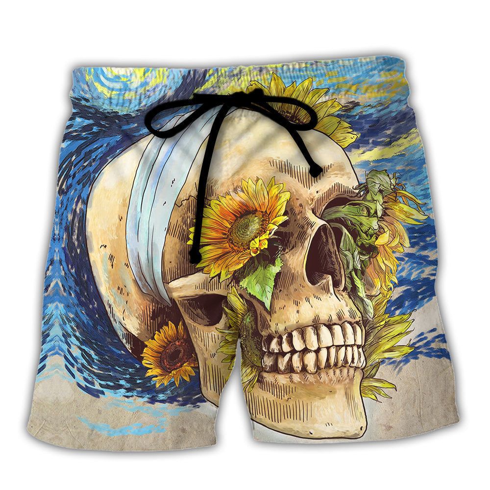 Skull And Sunflower Vintage Amazing Starry Night Trendy Aloha Hawaiian Beach Shorts Skull And Sunflower Vintage Amazing Starry Night Trendy Aloha Hawaiian Beach Shorts