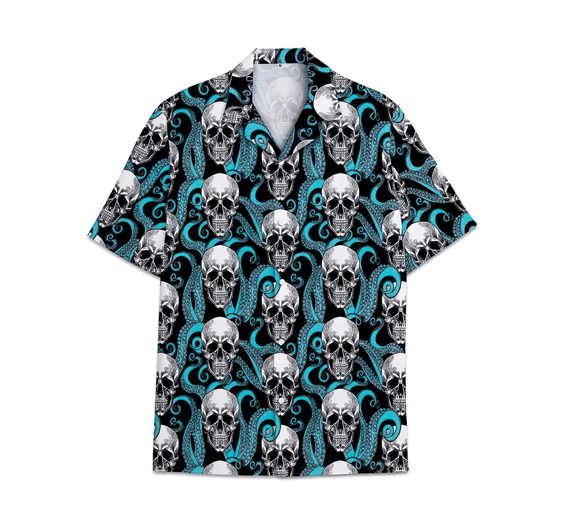 Skull Blue Pattern Short Tall Womensmall Trendy Hawaiian Shirt, Button Up Aloha Shirt For Men, Women Skull Blue Pattern Short Tall Womensmall Trendy Hawaiian Shirt, Button Up Aloha Shirt For Men, Women