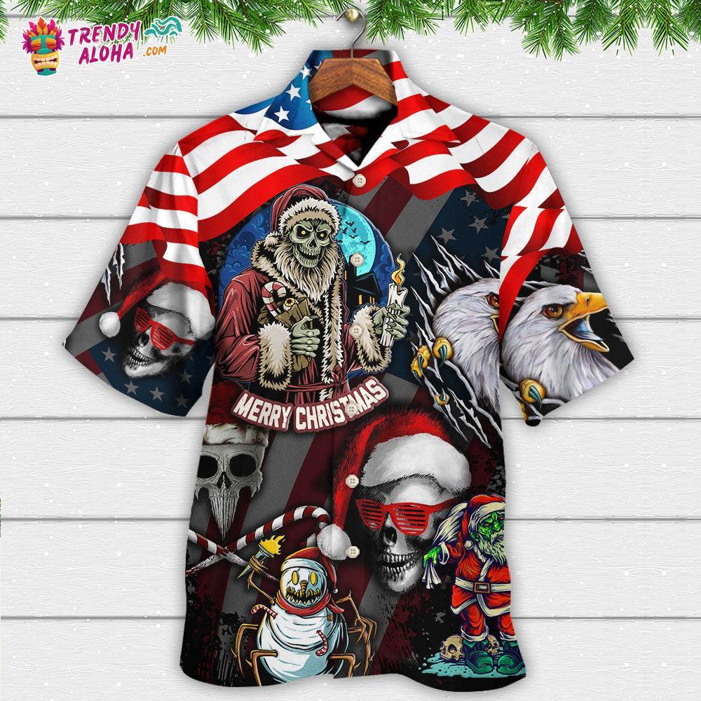 Skull Christmas Us Flag Skeleton And Eagle Xmas Vibe Hawaiian Shirt – Trendy Aloha