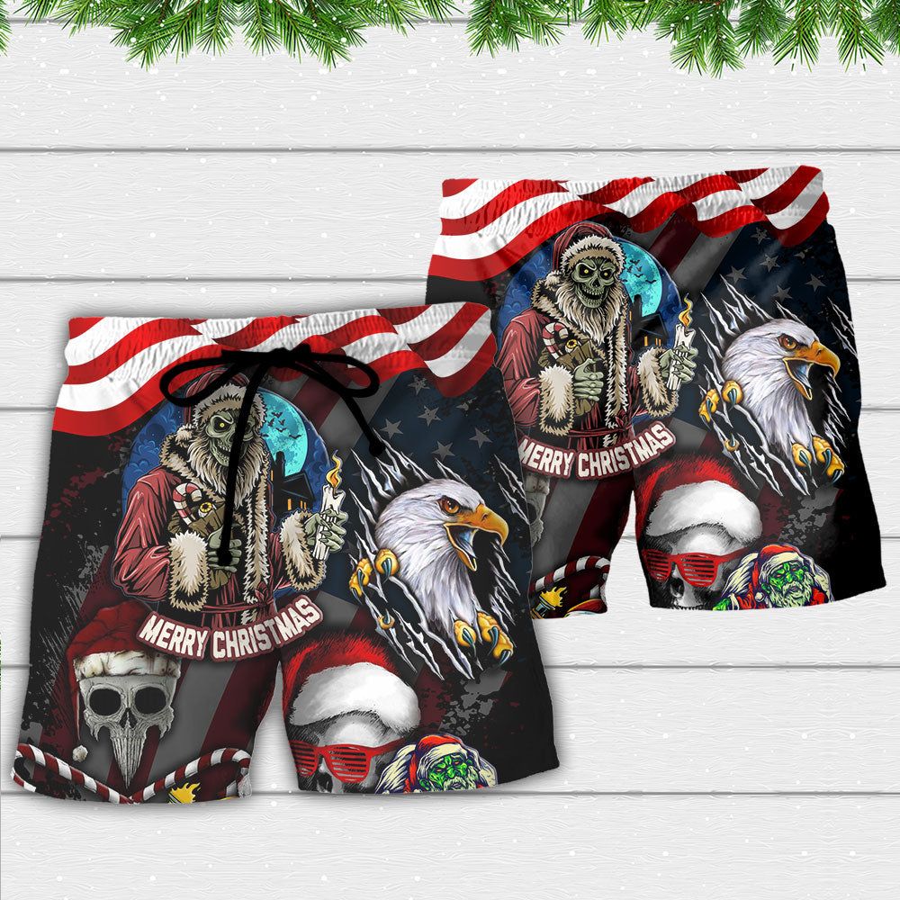 Skull Christmas Us Flag Skeleton And Eagle Xmas Vibe Trendy Aloha Hawaiian Beach Shorts