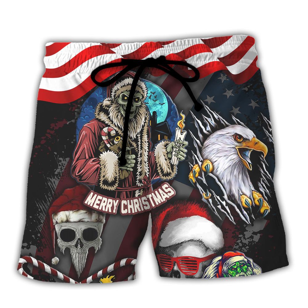 Skull Christmas Us Flag Skeleton And Eagle Xmas Vibe Trendy Aloha Hawaiian Beach Shorts