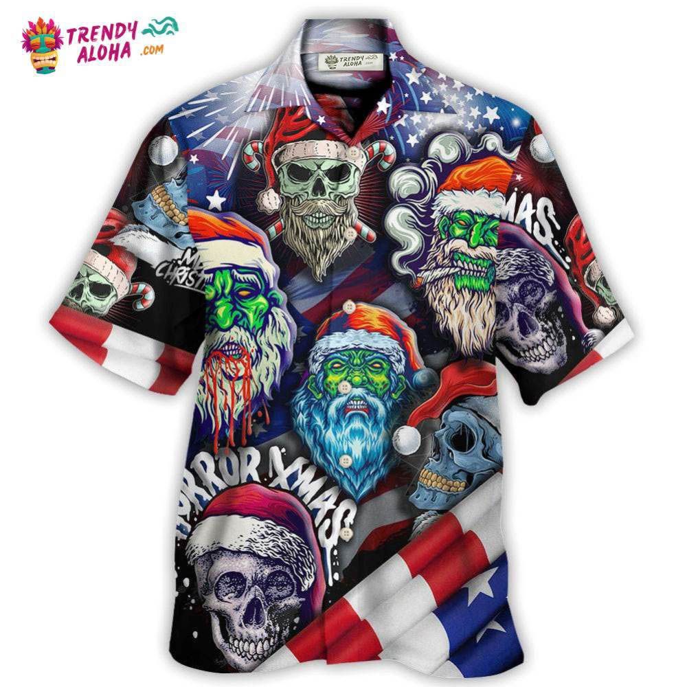Skull Christmas Us Flag Skeleton Art Hawaiian Shirt – Trendy Aloha Skull Christmas Us Flag Skeleton Art Hawaiian Shirt – Trendy Aloha