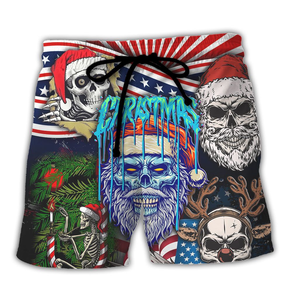 Skull Christmas Us Flag Skeleton Horror Merry Christmas Trendy Aloha Hawaiian Beach Shorts