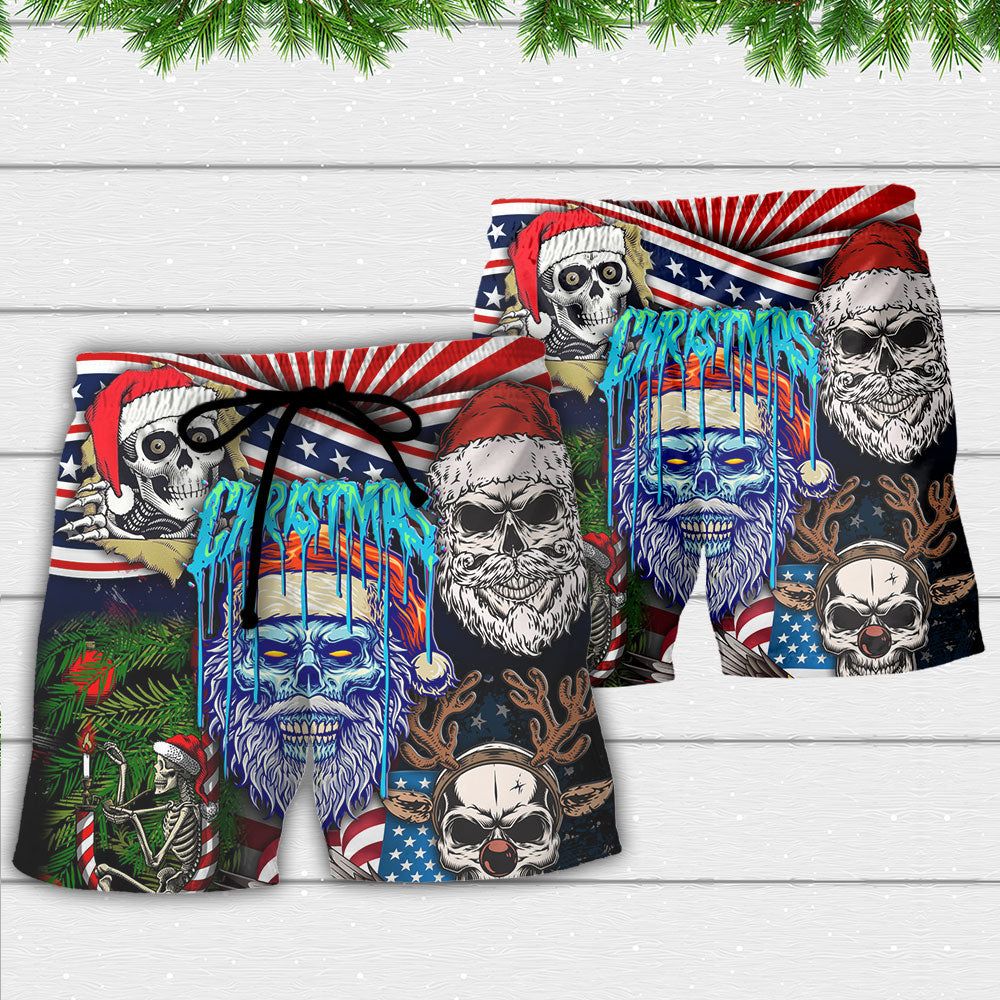 Skull Christmas Us Flag Skeleton Horror Merry Christmas Trendy Aloha Hawaiian Beach Shorts