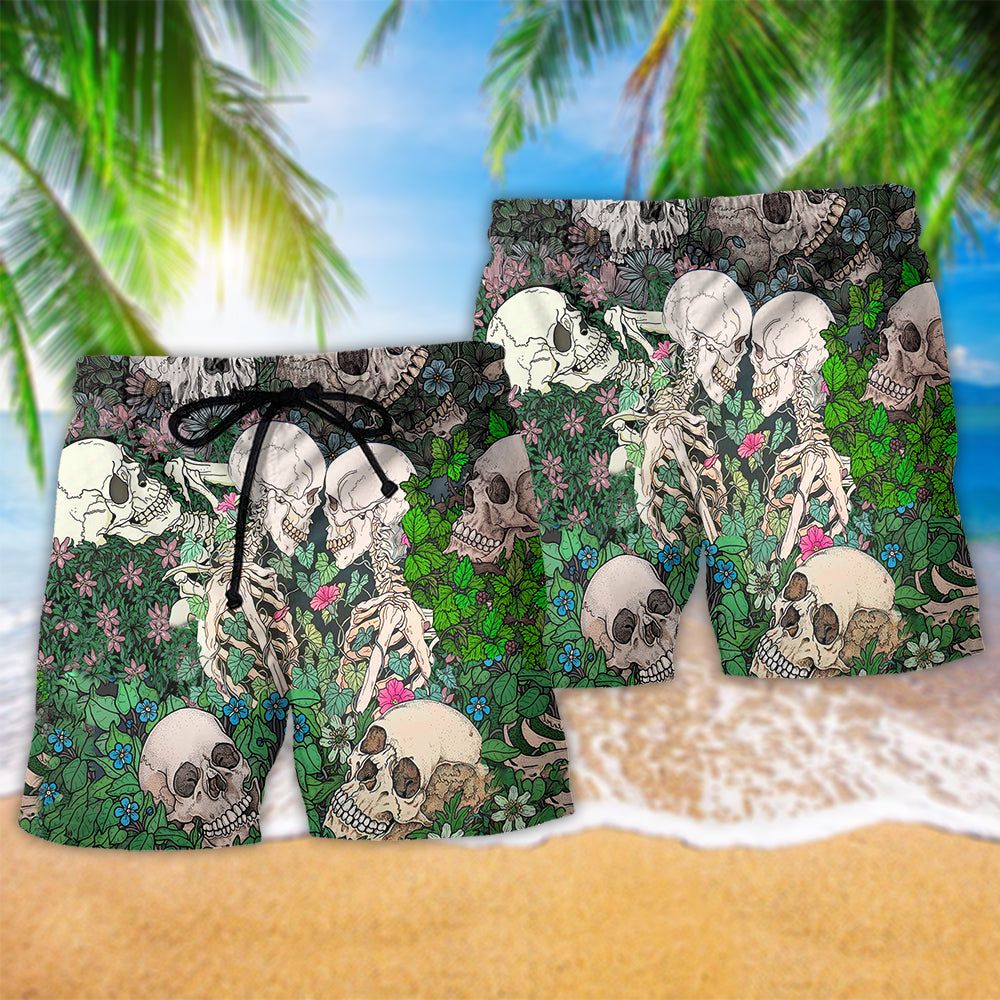 Skull Couple Kiss Floral Trendy Aloha Hawaiian Beach Shorts