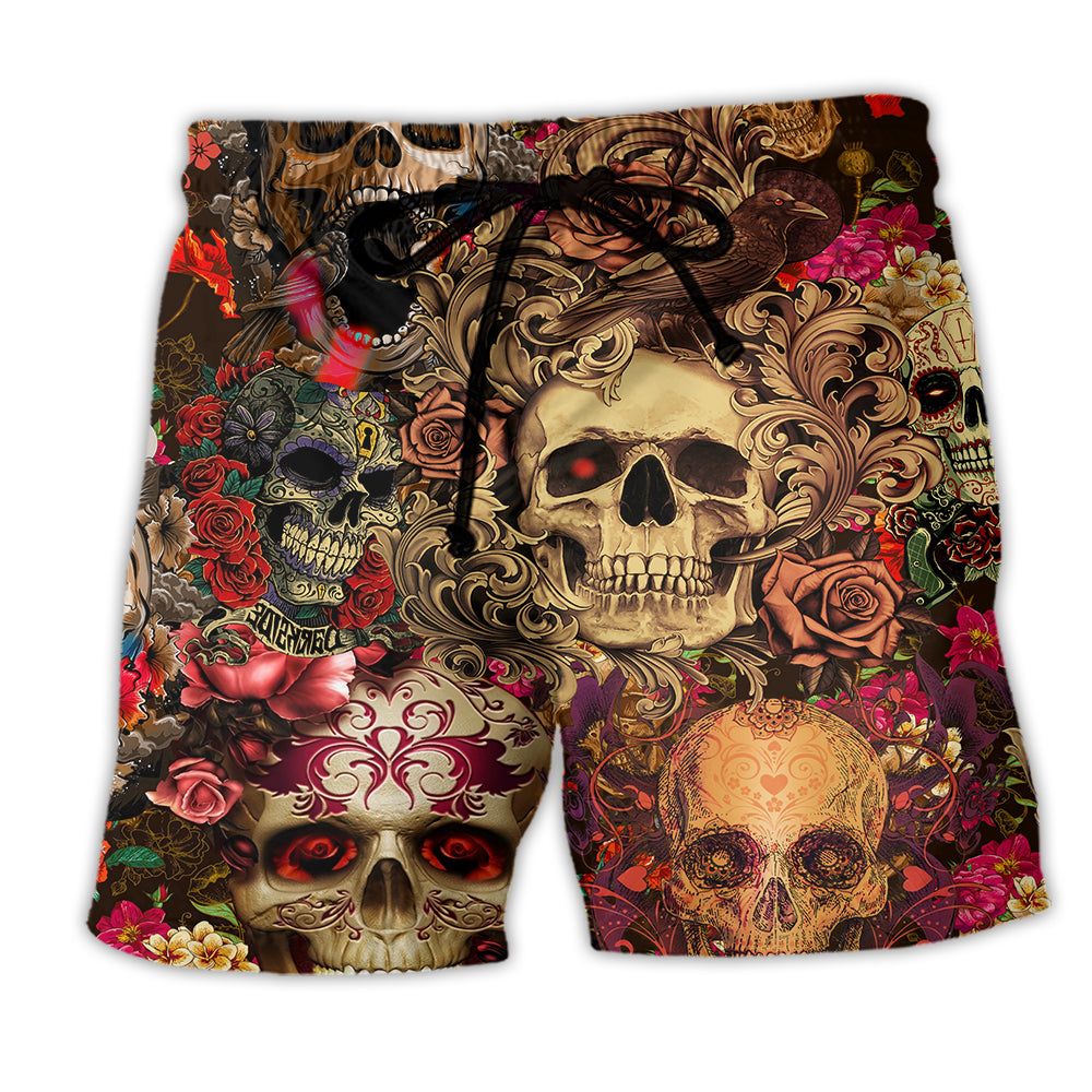 Skull Day Of The Dead Floral Trendy Aloha Hawaiian Beach Shorts Skull Day Of The Dead Floral Trendy Aloha Hawaiian Beach Shorts