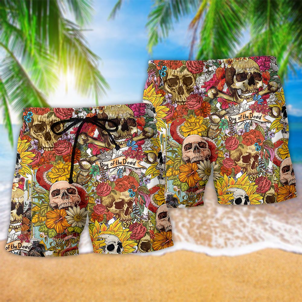 Skull Day Of The Dead Flower Skull Trendy Aloha Hawaiian Beach Shorts