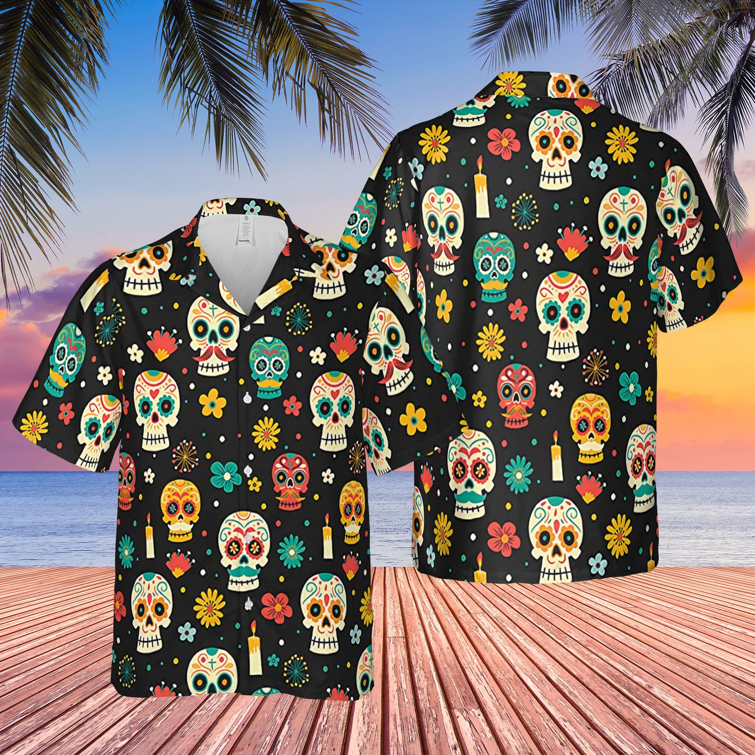 Skull Day Of The Dead Pattern Flower Hawaiian Shirt