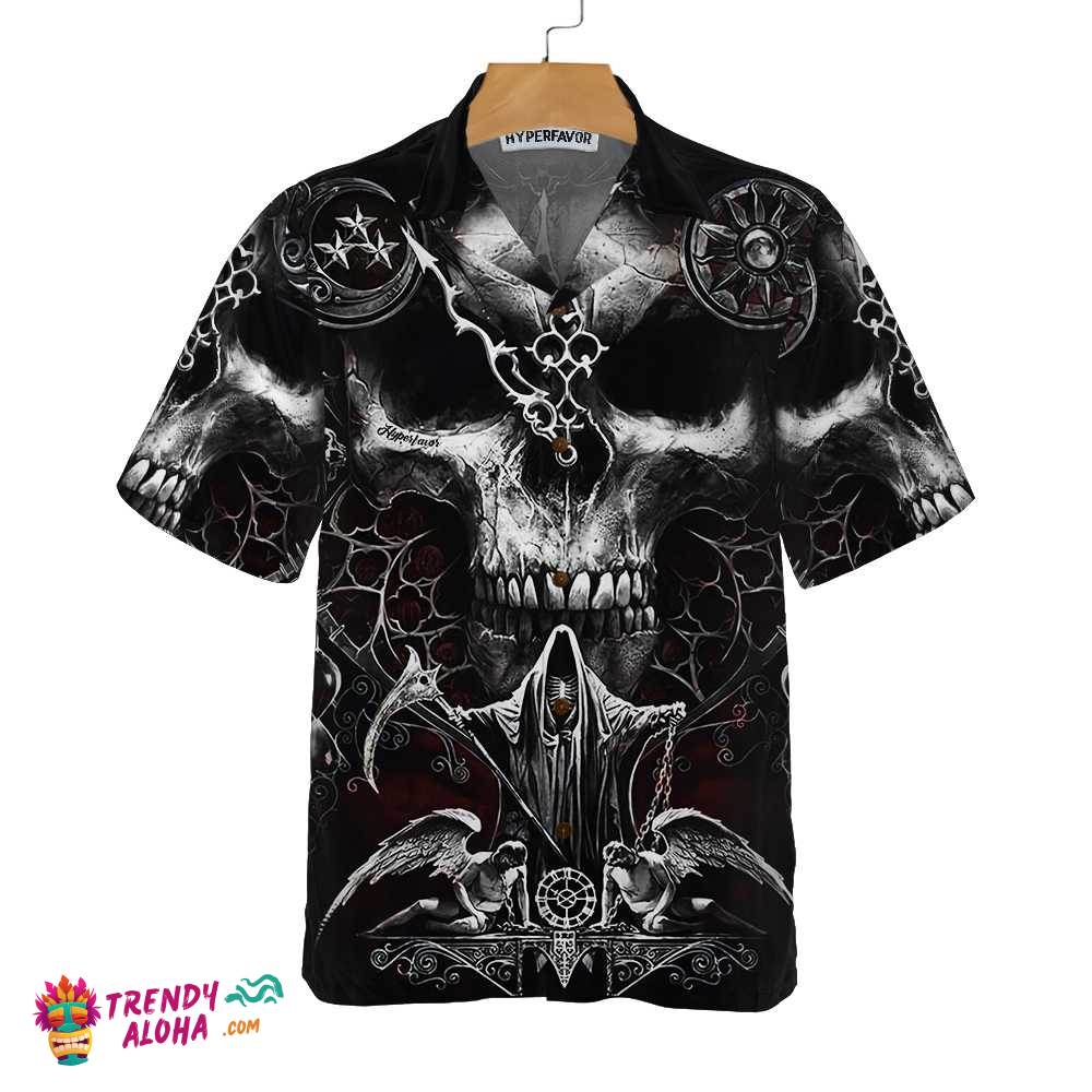 Skull Death Hawaiian Shirt, Black And White Gothic Skull Shirt For Men And Women