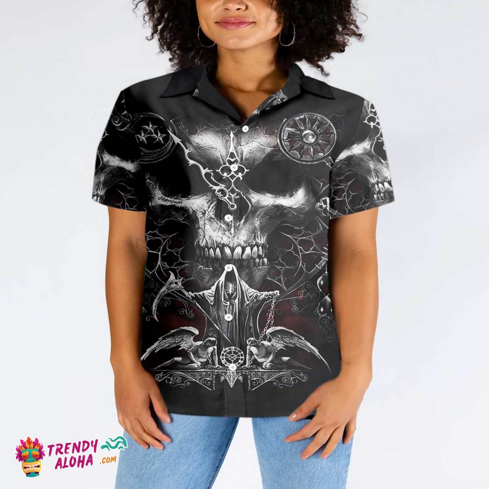 Skull Death Hawaiian Shirt, Black And White Gothic Skull Shirt For Men And Women