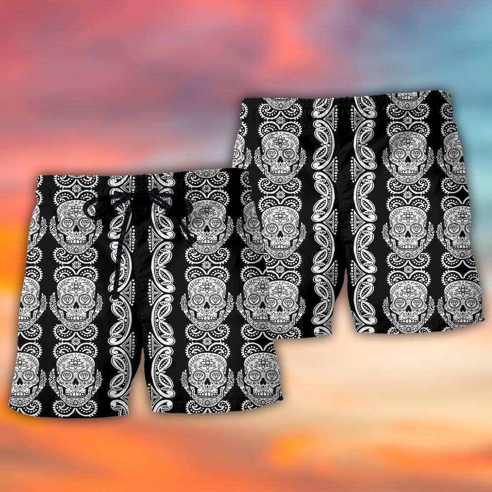 Skull Diamond Pattern Black And White Trendy Aloha Hawaiian Beach Shorts
