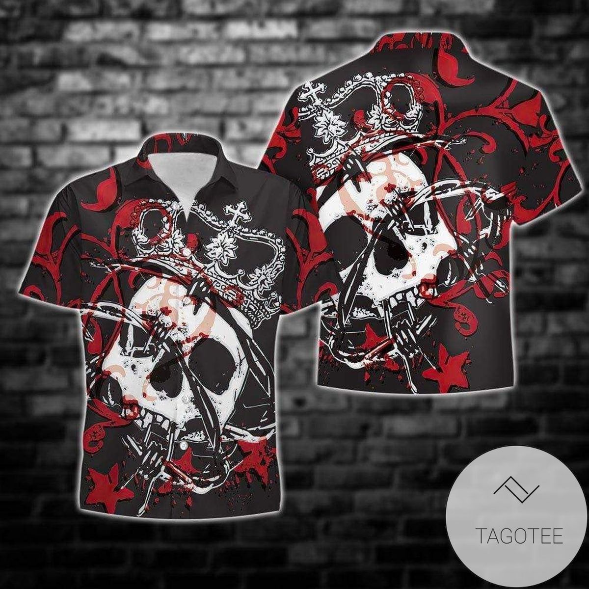Skull Embellished Hawaiian Shirt Adorned With Kings Lustrous Roses