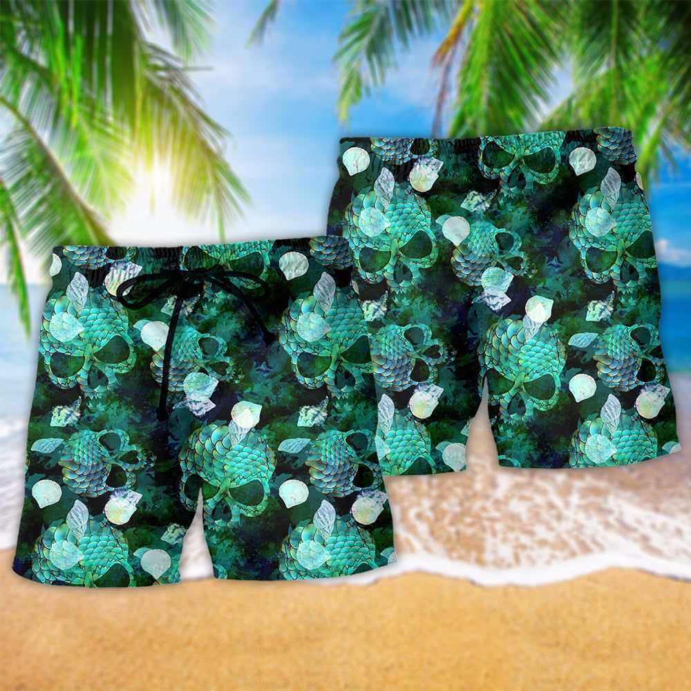 Skull Fish Green Style Trendy Aloha Hawaiian Beach Shorts