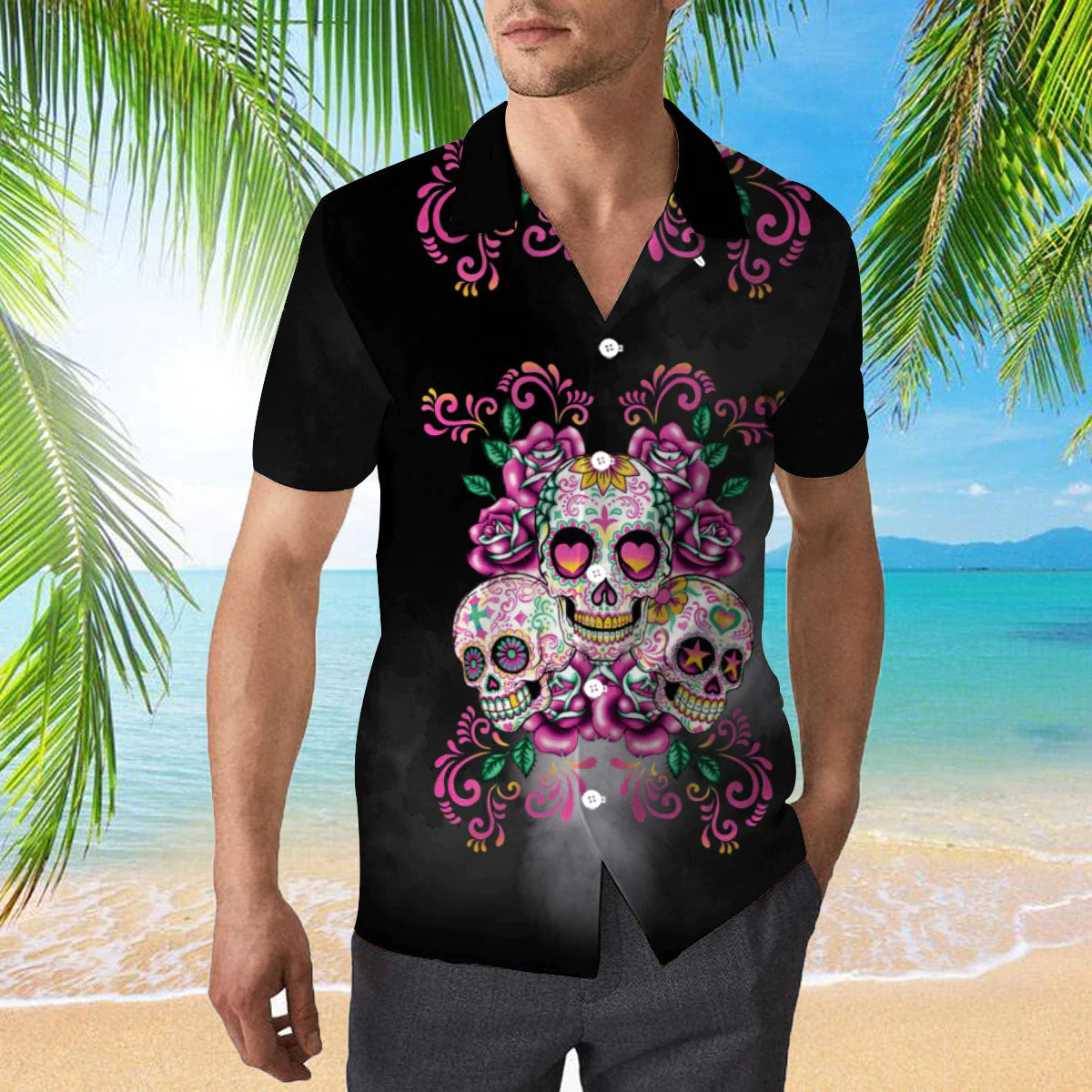 Skull Flower 3D All Over Printed Trendy Hawaiian Shirt, Skull Flower 3D Hawaii Shirt For Men, Women