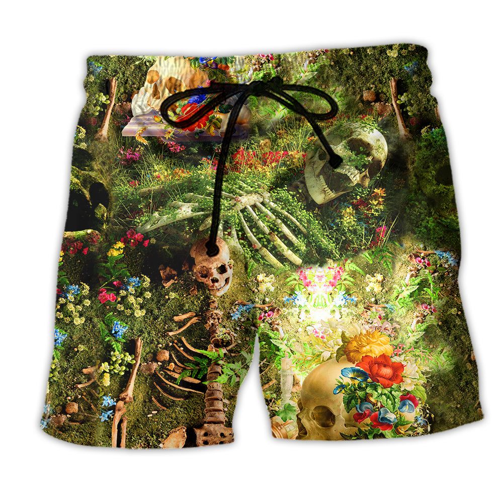 Skull Flower Skeleton Forever Trendy Aloha Hawaiian Beach Shorts