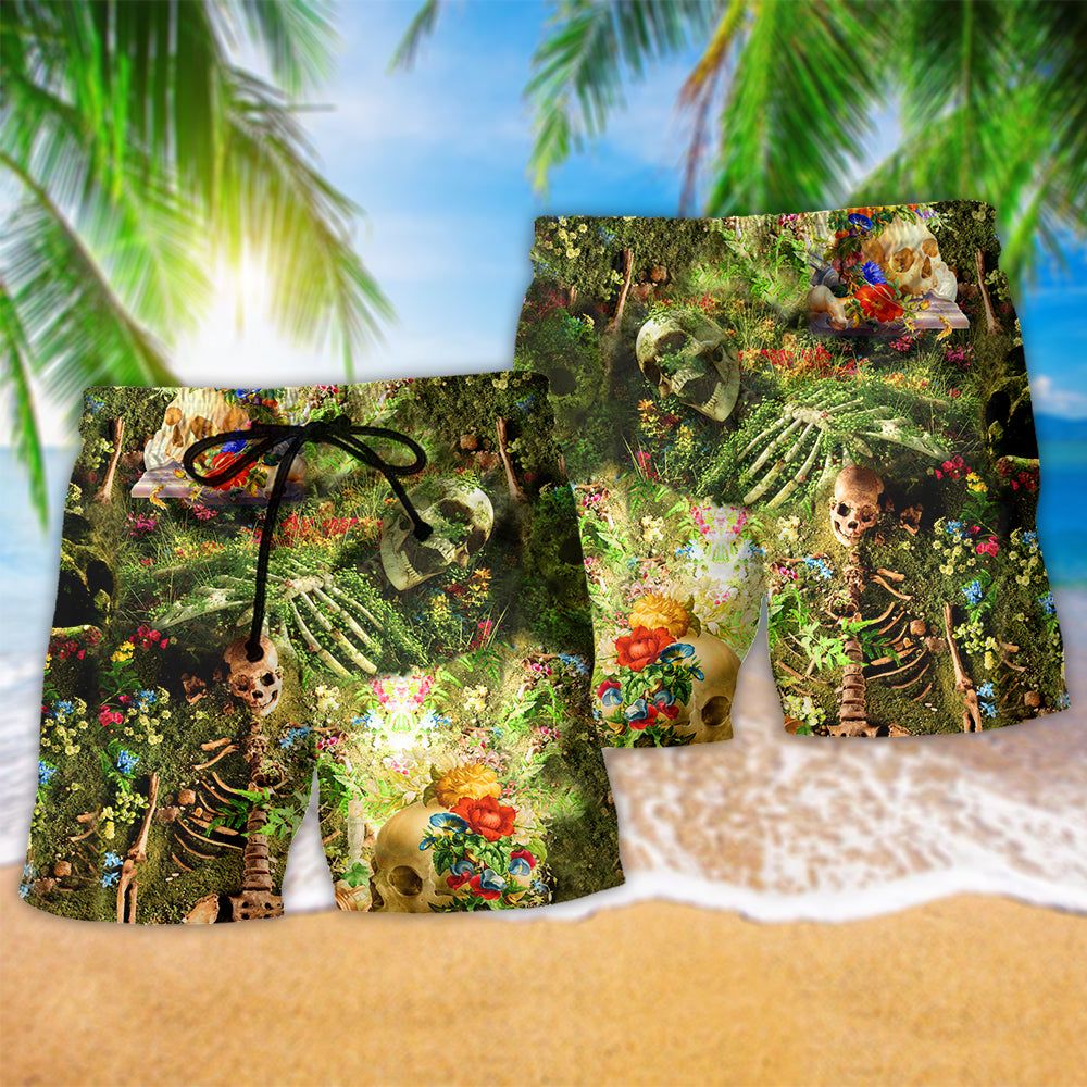 Skull Flower Skeleton Forever Trendy Aloha Hawaiian Beach Shorts
