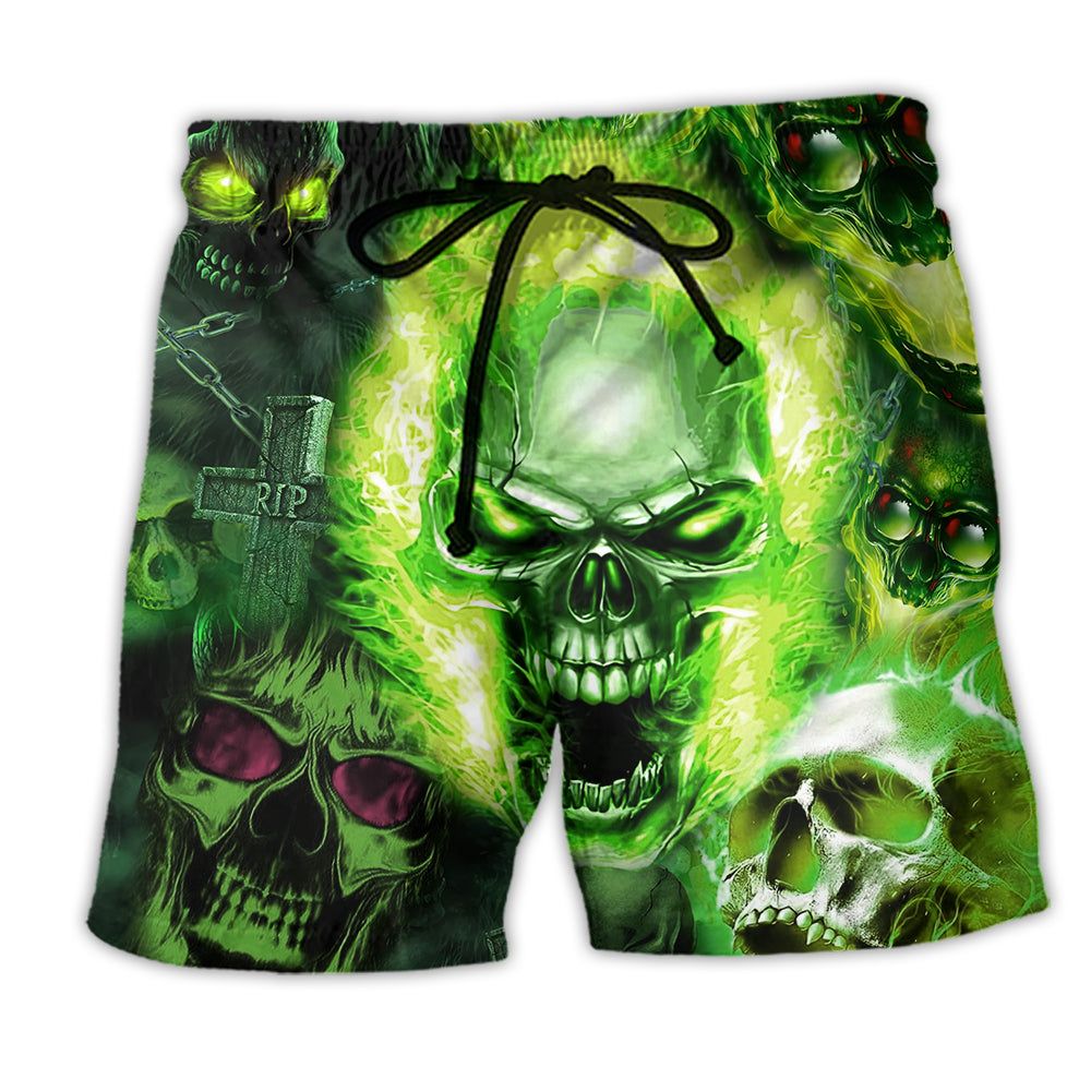 Skull Green Fear No Man Green Trendy Aloha Hawaiian Beach Shorts Skull Green Fear No Man Green Trendy Aloha Hawaiian Beach Shorts